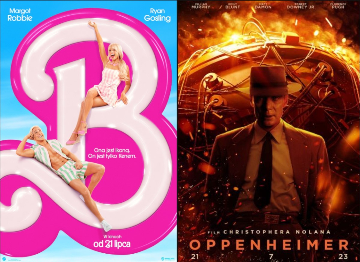 Plakaty filmowe „Barbie” i „Oppenheimer”