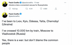 News - Paulo Coelho poucza na Twitterze. Pisze o wojnie w Ukrainie