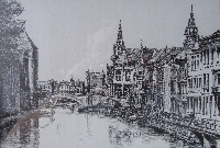 Gent (Gandawa). Widok na Grasbrug. Grafika. Henryk O. 2006