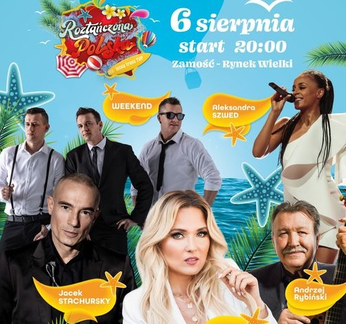 Gwiazdy koncertu "Roztańczona Polska - letnia trasa TVP w Zamościu, w tym Gosia Andrzejewicz, Jacek Stachurski i Andrzej Rybiński. 