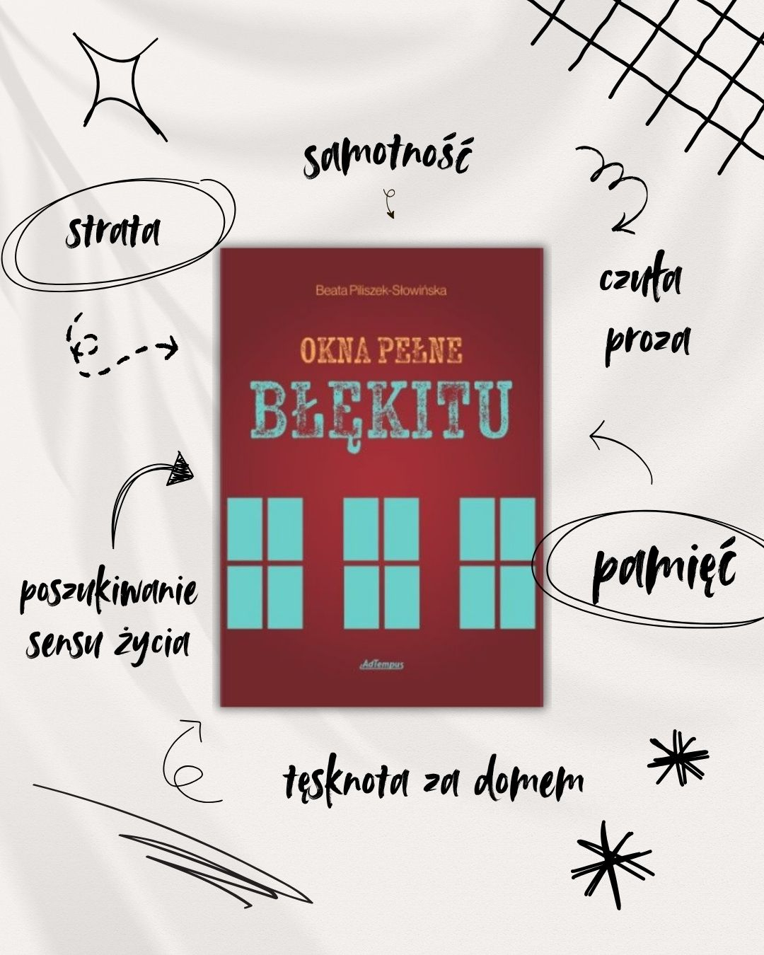 „Okna pełne błękitu" Beaty Piliszek-Słowińskiej - grafika promująca książkę
