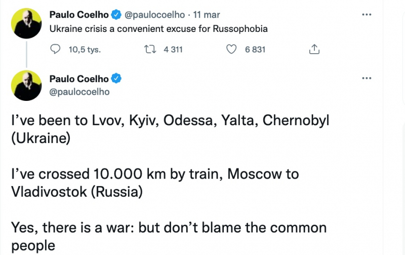 Obrazek w treści Paulo Coelho poucza na Twitterze. Pisze o wojnie w Ukrainie  [jpg]
