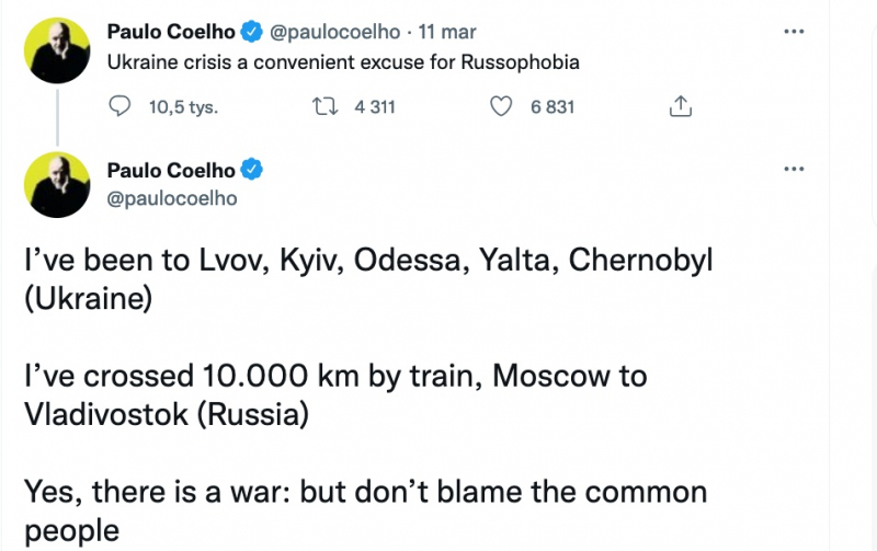 Obrazek w treści Paulo Coelho poucza na Twitterze. Pisze o wojnie w Ukrainie  [jpg]