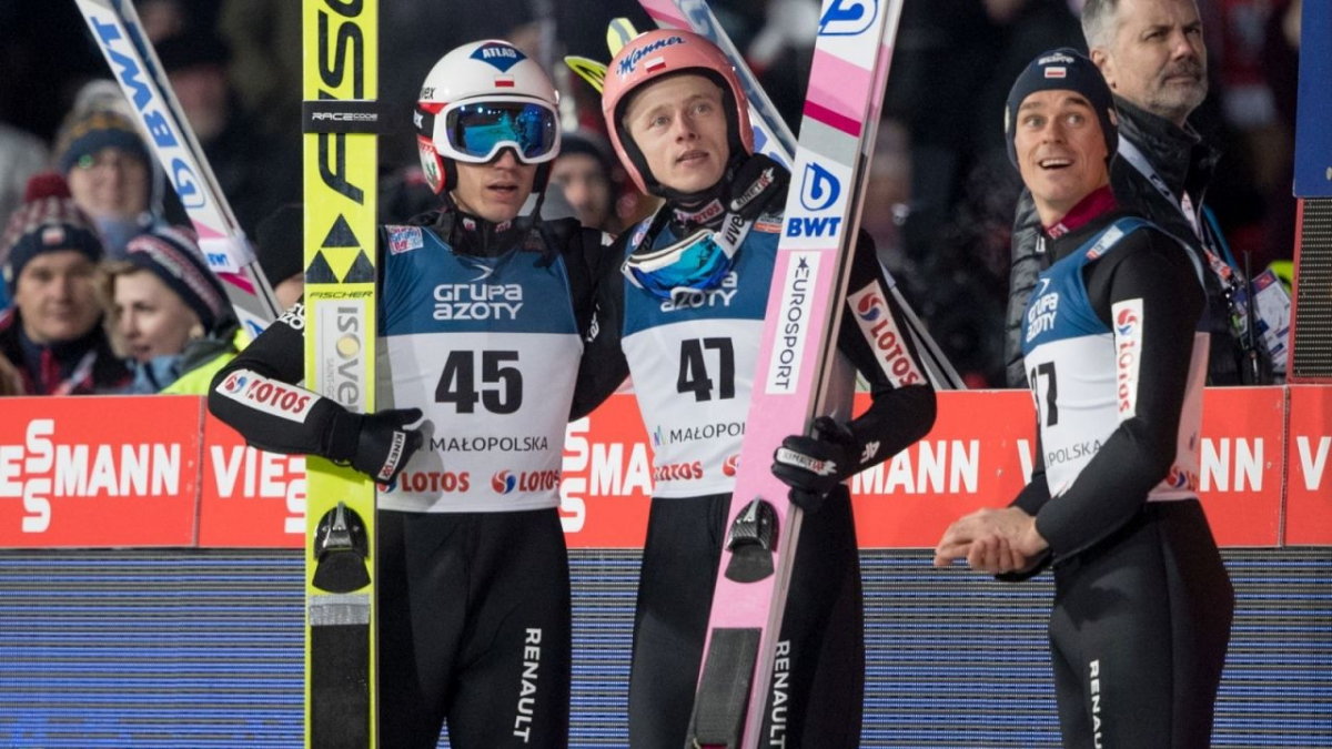 Polscy skoczkowie, Kamil Stoch, Dawid Kubacki i Piotr Żyła.